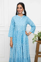 Myshka Women Blue Floral Cotton A-Line Mandarin Collar Long Dress - Distacart