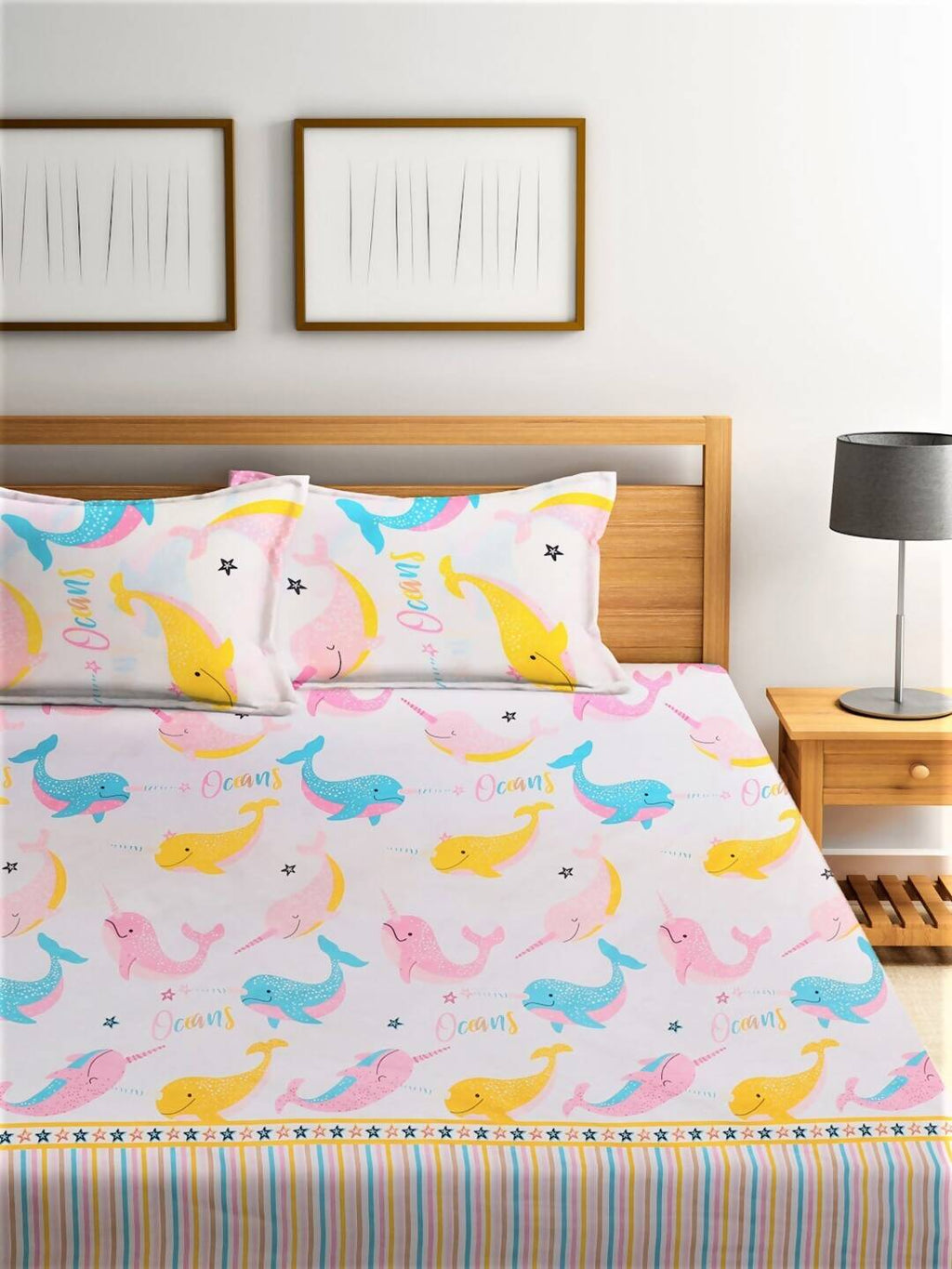 Home Sizzler Pink & White Cartoon Characters 210 TC Single Bedsheet with 1 Pillow Covers