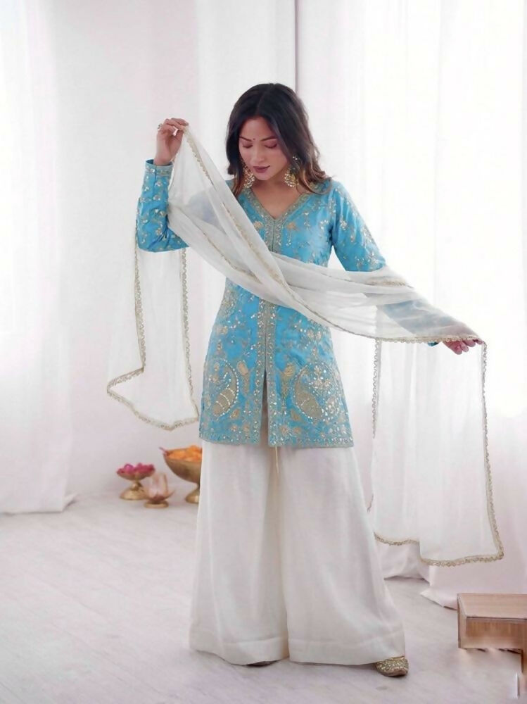 Teeya Creation Blue And White Color Fendy Silk Embroidery Work Wedding Wear Salwar Suit - Distacart