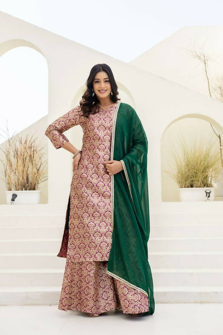 Teeya Creation Peach Viscose Jacquard Party Wear Designer Suit