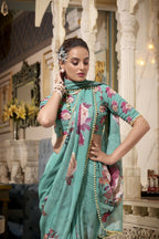 Vastranavya Green Spectacular Georgette Printed with Pearl Lace Saree with Unstitched Blouse - Distacart