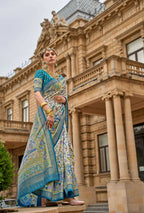 Keppel Blue & White Superior V.P.Silk Woven Printed Patola Silk Saree - Rewaa Milano