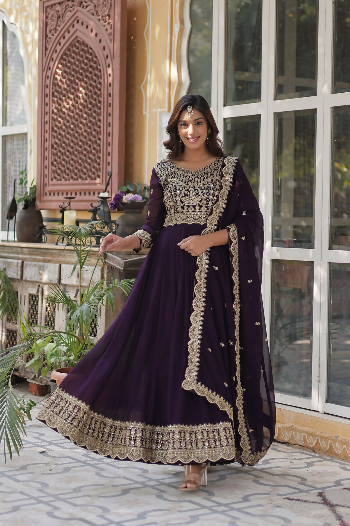 Joban Fashion Wine Georgette Sequence Embroidery Work Kurta Set - Distacart