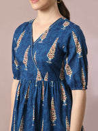 Myshka Women's Blue Printed Cotton V-Neck Empire Party Dress - Distacart