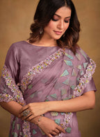 Light Purple Velvet Texture Net Designer Saree with Unstitched Blouse - Norita Mahitha - Distacart