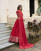 Lorenvalley Red Pure Chanderi Plain With Zari Weaving Work Border Lehenga Choli
