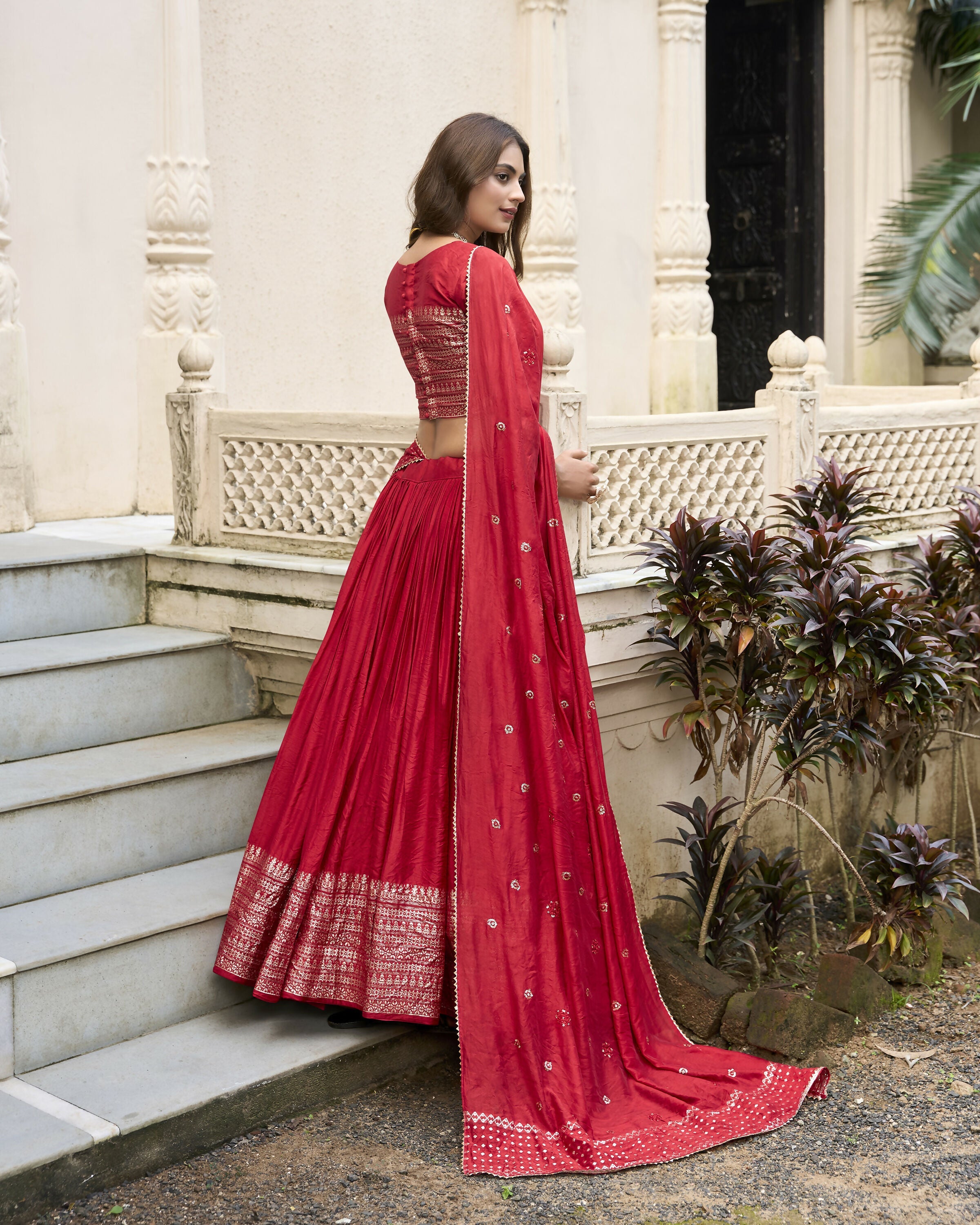 Lorenvalley Red Pure Chanderi Plain With Zari Weaving Work Border Lehenga Choli