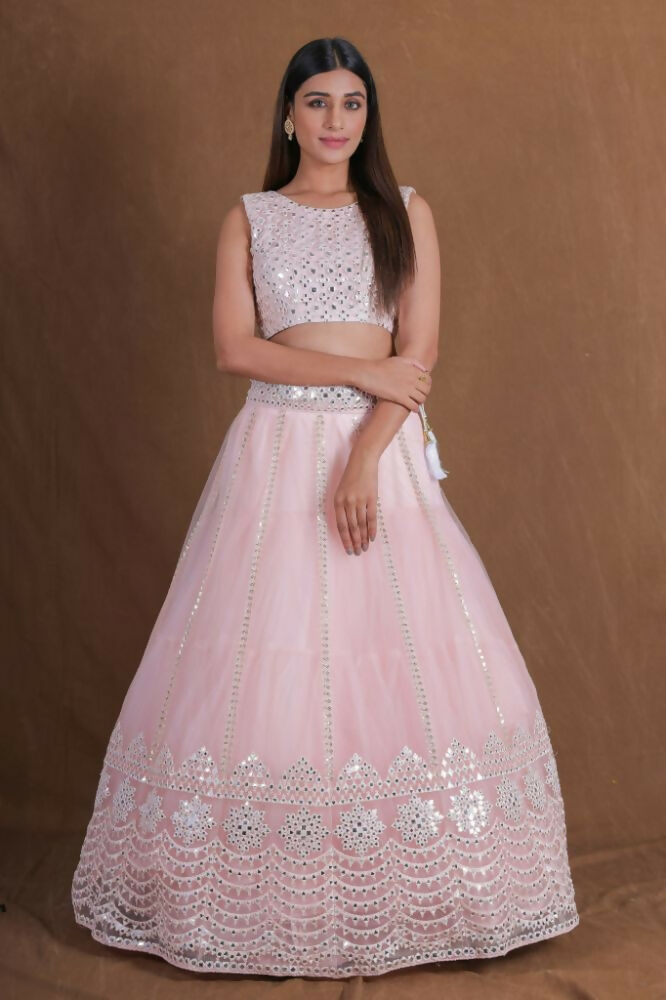 Pink Zari Foil Mirror Embroidery Work Lehenga Choli With Dupatta - Jihu Culture