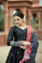 Vastranavya Navaratri Collection Myra Silk Lehenga & Blouse With Maslin Crochet Printed Dupatta Set - Black