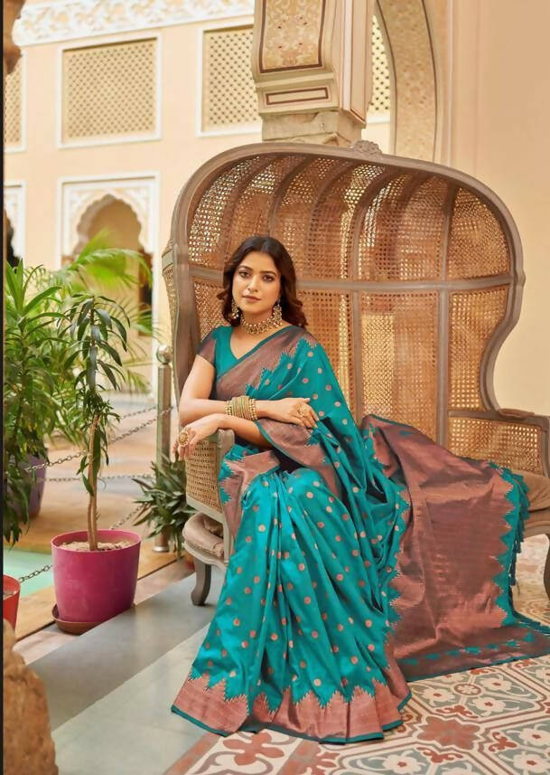 DEIANA'S Beautiful Designer Golden zari Soft Lichi Silk Saree - Sky