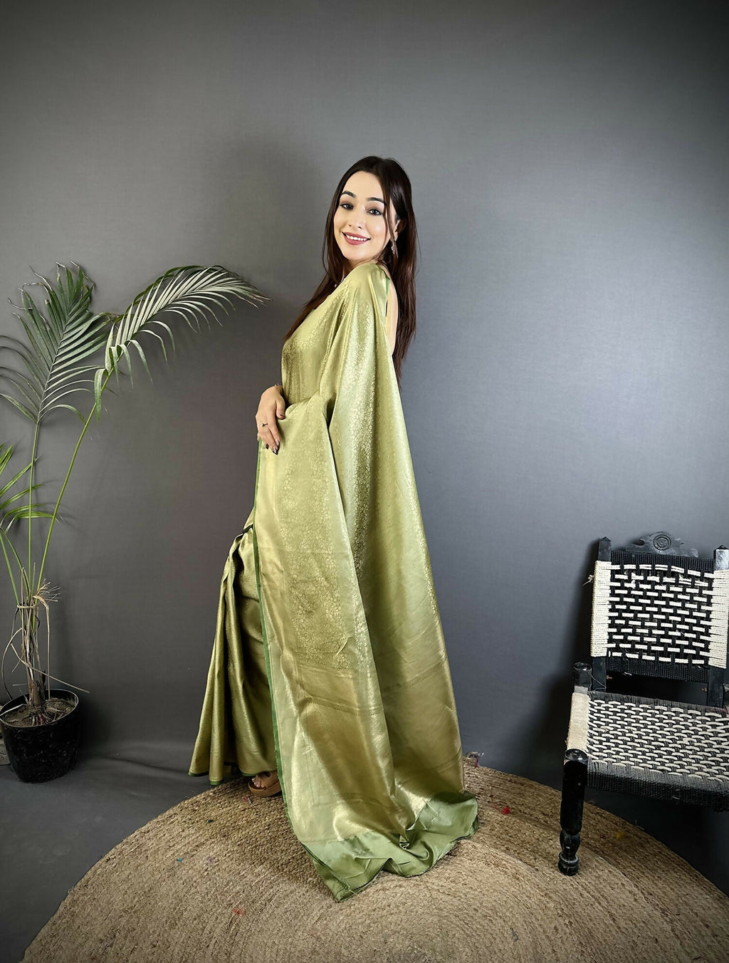 Joban Fashion Sage Green Floral Motifs & Ethnic Design Soft Satin Silk Kanchipuram Saree - Distacart