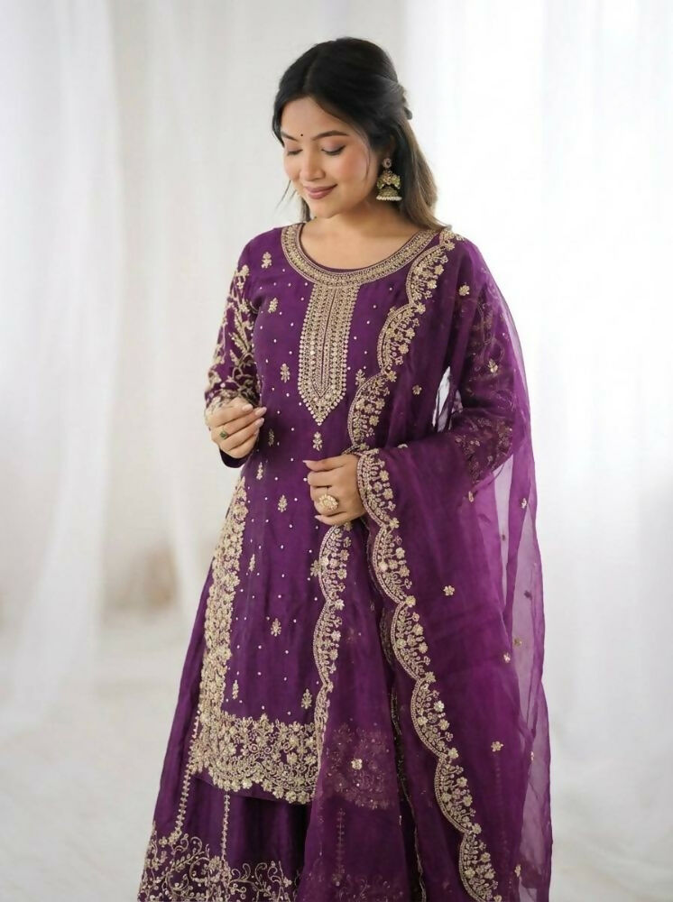 Teeya Creation Wine Color Fendy Silk Embroidery Work Wedding Wear Salwar Suit - Distacart