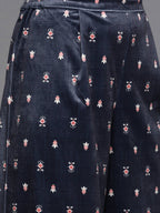 Ahalyaa Women Navy Blue Ethnic Motifs Printed Gotta Patti Velvet Kurta with Palazzos - Distacart