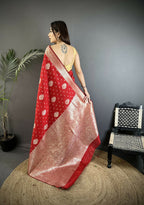Joban Fashion Red Floral Jacquard Woven Design Cotton Silk Banarasi Silk Saree - Distacart