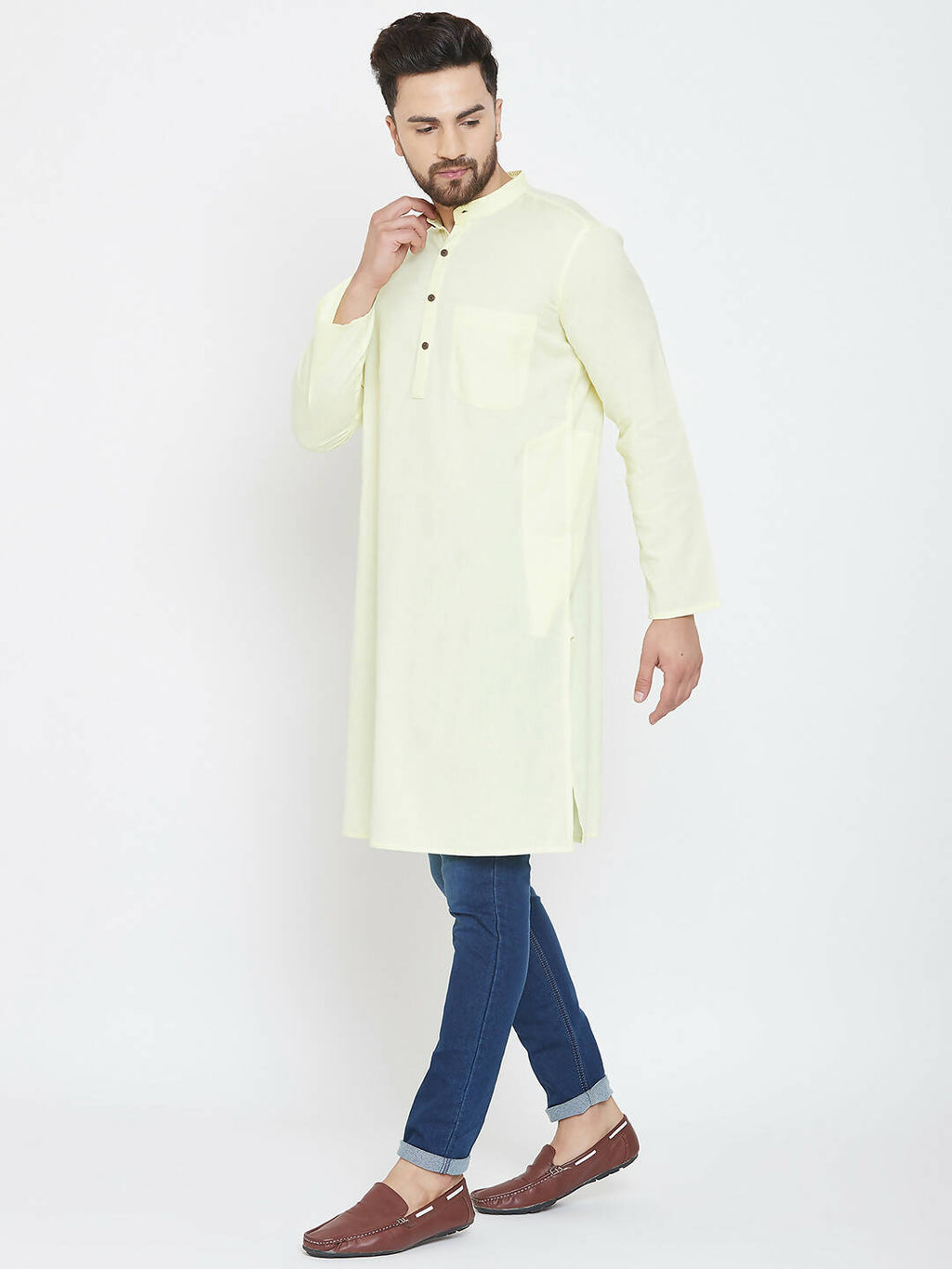 Even Apparels Yellow Color Men's Pure Cotton Kurta With Band Collar - Distacart