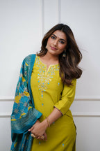 The52 Lemon Beautiful Embroidered Viscose Chanderi Fabric Straight Kurta Pant with Dupatta Set - Distacart