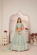 Aastha Fashion Turquoise Green Butterfly Net White Cotton Thread Work, Zari Work And Sandwich Sequence Work Embroidery Wedding Wear Lehenga Choli