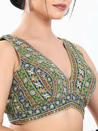 Joban Fashion Green Multi Georgette Padded Blouse With V Neck Sleeveless - Distacart