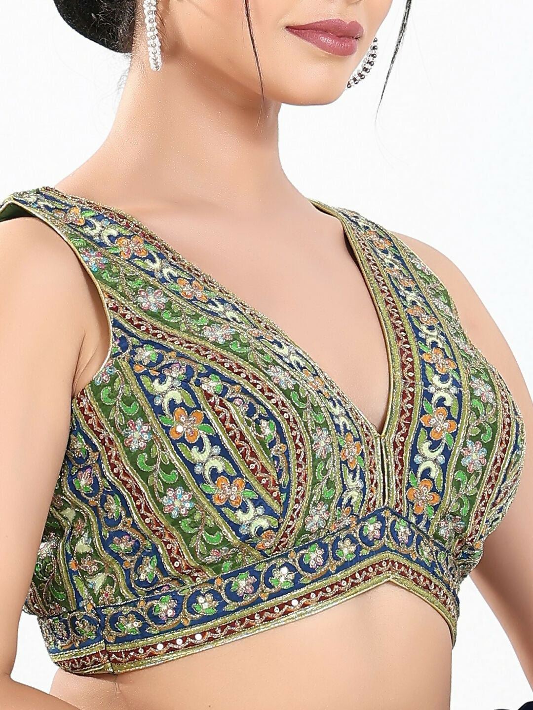 Joban Fashion Green Multi Georgette Padded Blouse With V Neck Sleeveless - Distacart