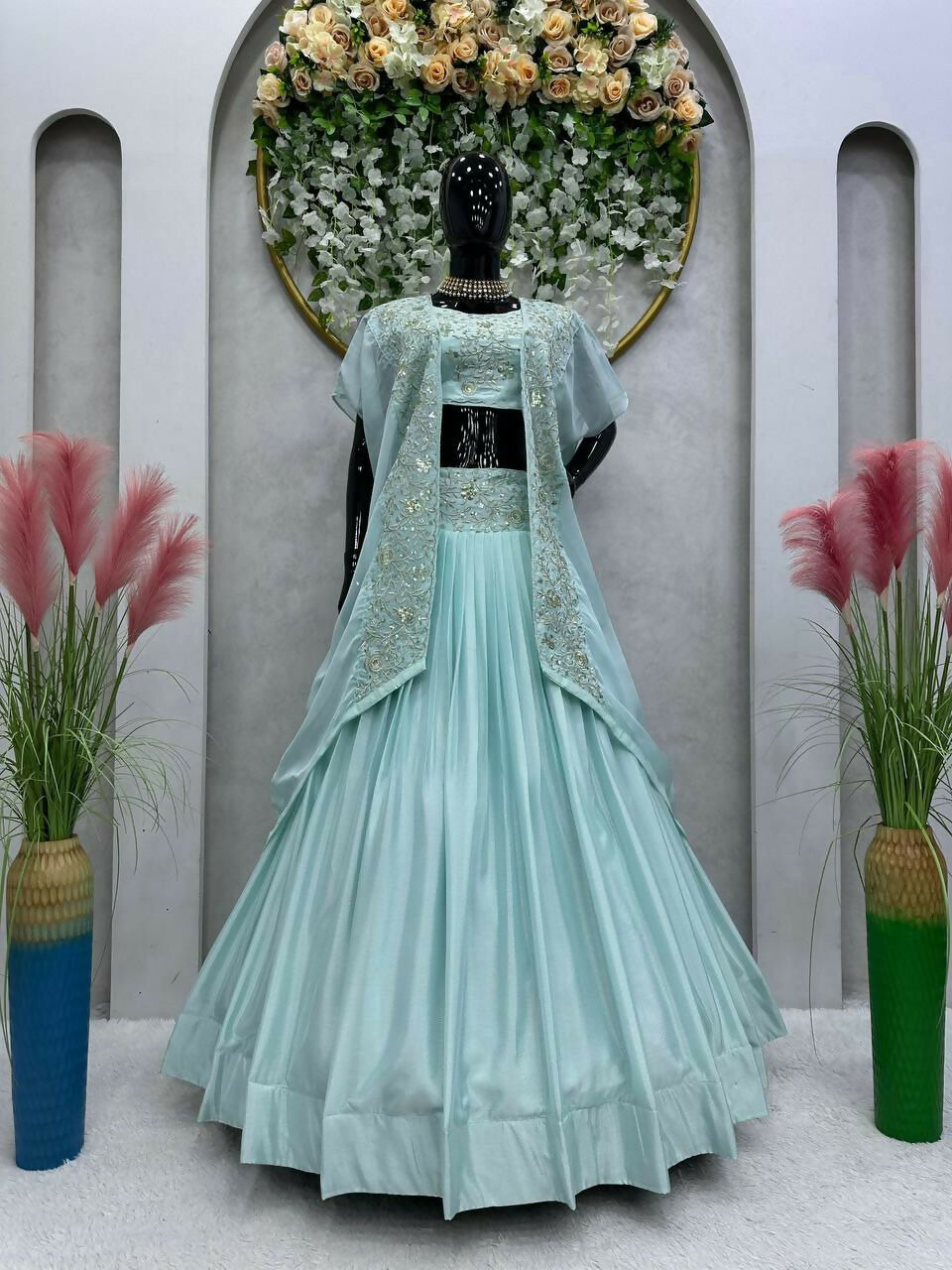 Jyoti Fashion Women's Sky Blue Chinon Sequins with Thread Embroidered Designer Lehenga Choli with Shrug Set