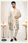 Joban Fashion Men's Cream Straight Silk Thread And Sequence Embroidery All Over 3 Pc Kurta Set