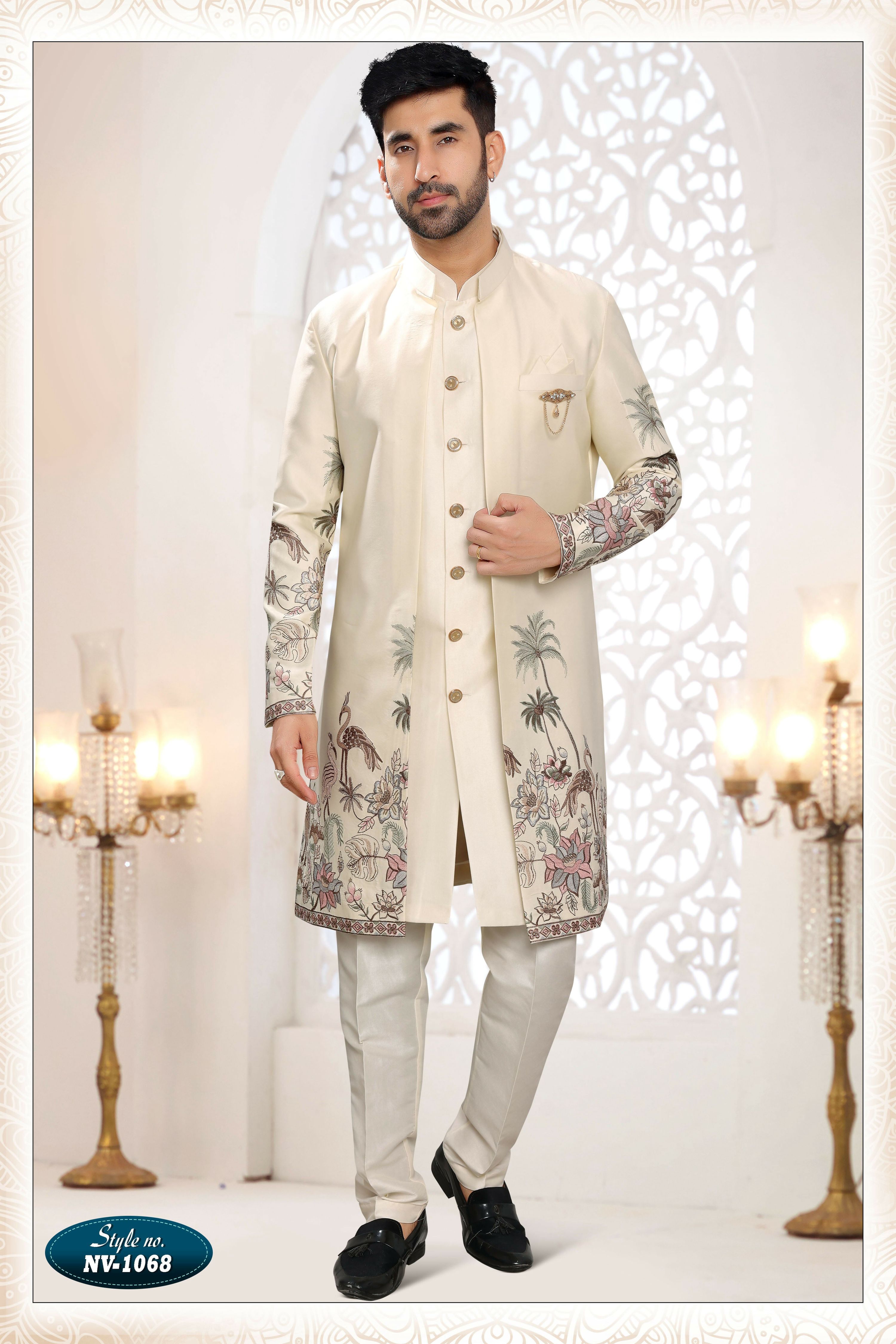 Joban Fashion Men's Cream Straight Silk Thread And Sequence Embroidery All Over 3 Pc Kurta Set
