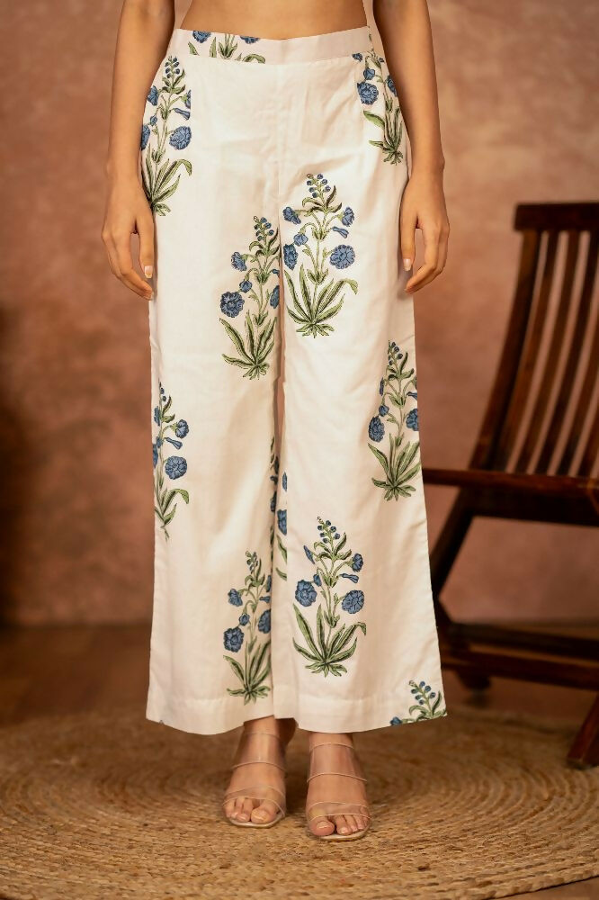 Joban Fashion Off White Blue Hand Block Printed Cotton Suit Set - Distacart