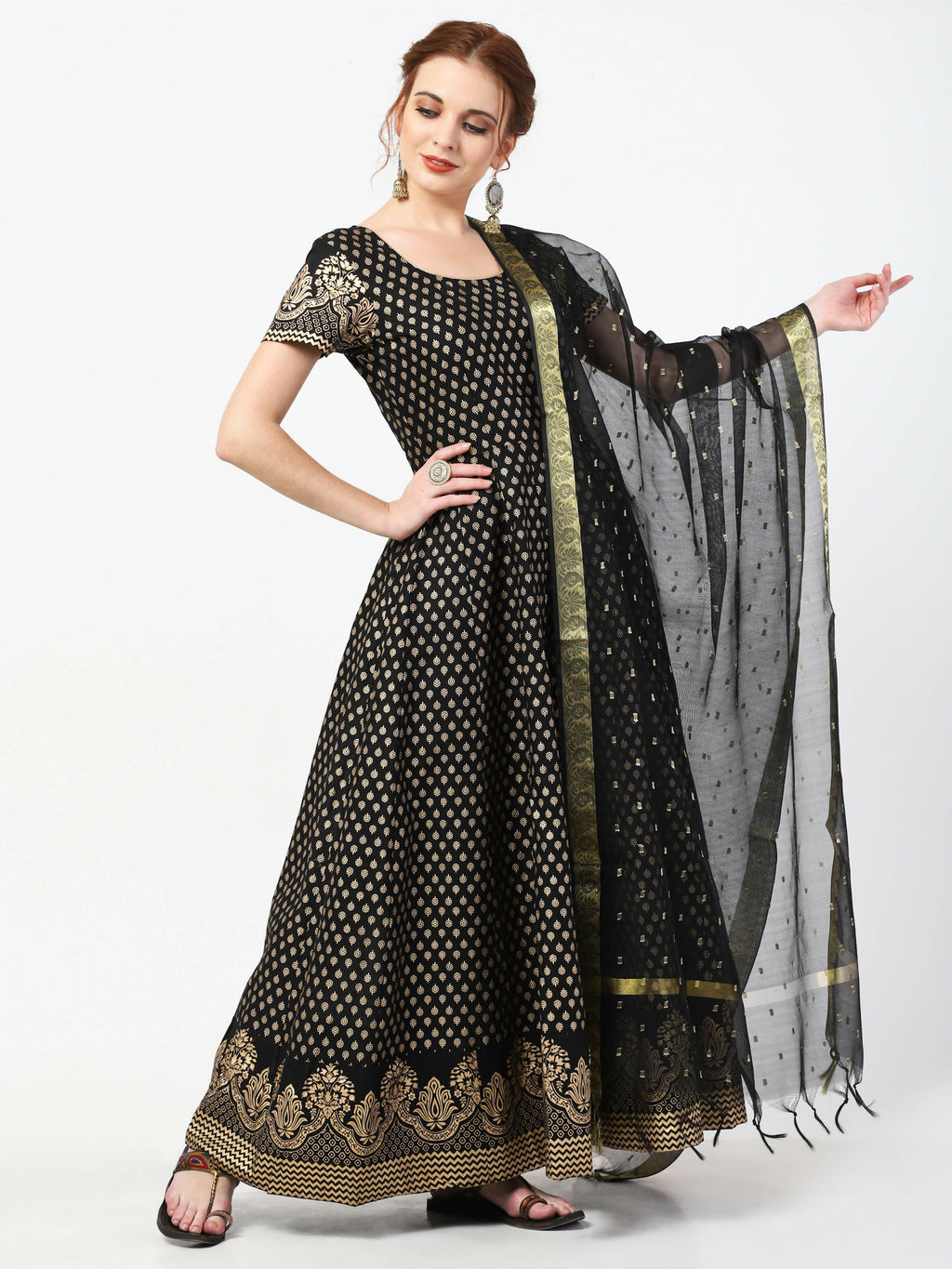 Cheera Women's Black Cotton Hand Block Print Long Dress With Silk Dupatta Set
