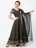 Cheera Women's Black Cotton Hand Block Print Long Dress With Silk Dupatta Set