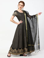 Cheera Women's Black Cotton Hand Block Print Long Dress With Silk Dupatta Set