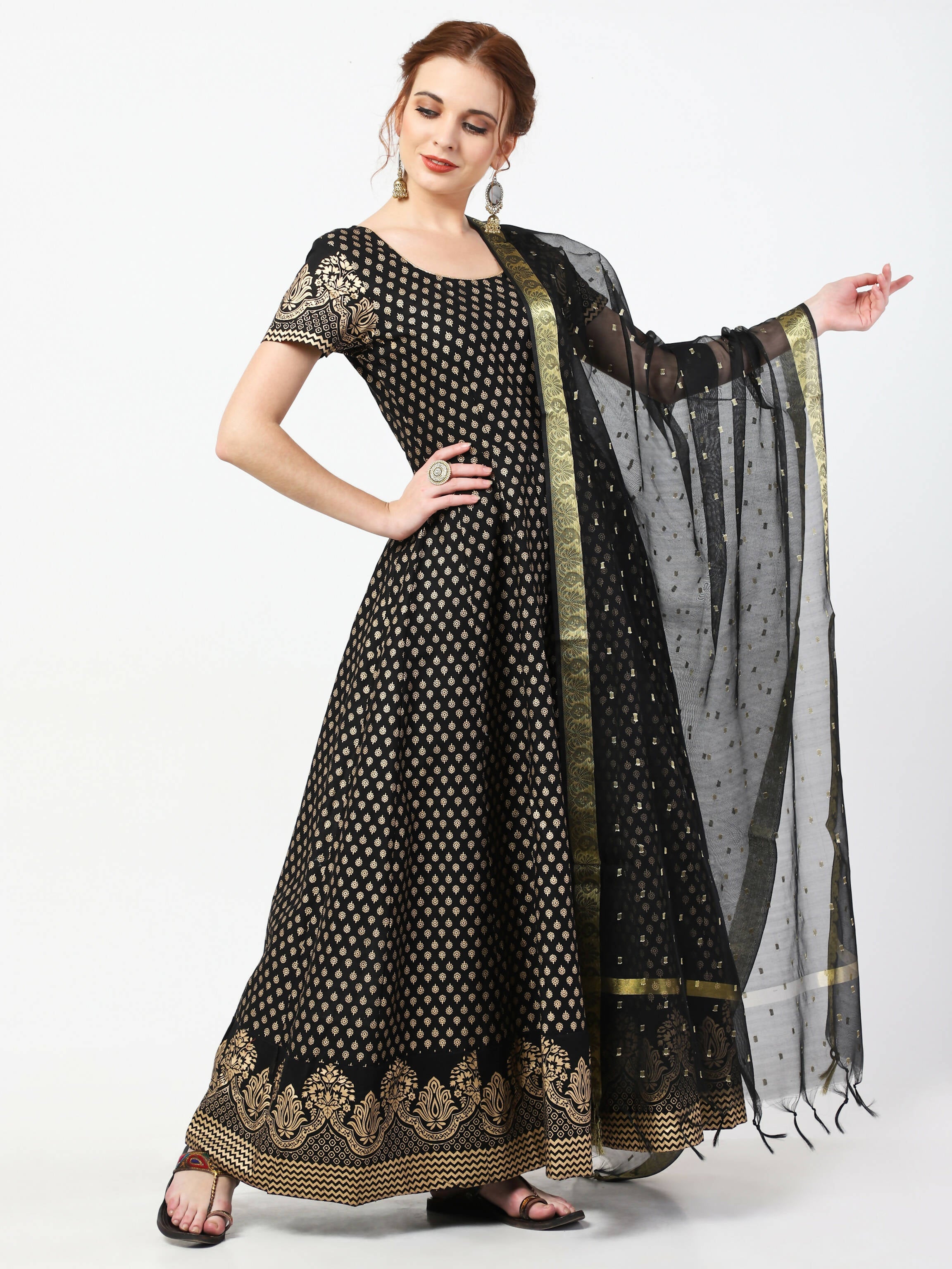 Cheera Women's Black Cotton Hand Block Print Long Dress With Silk Dupatta Set