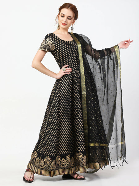 Cheera Women's Black Cotton Hand Block Print Long Dress With Silk Dupatta Set