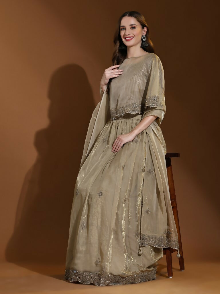 Green Silk Embroidered Poncho Pattern Top & Lehenga with Dupatta - Tanya