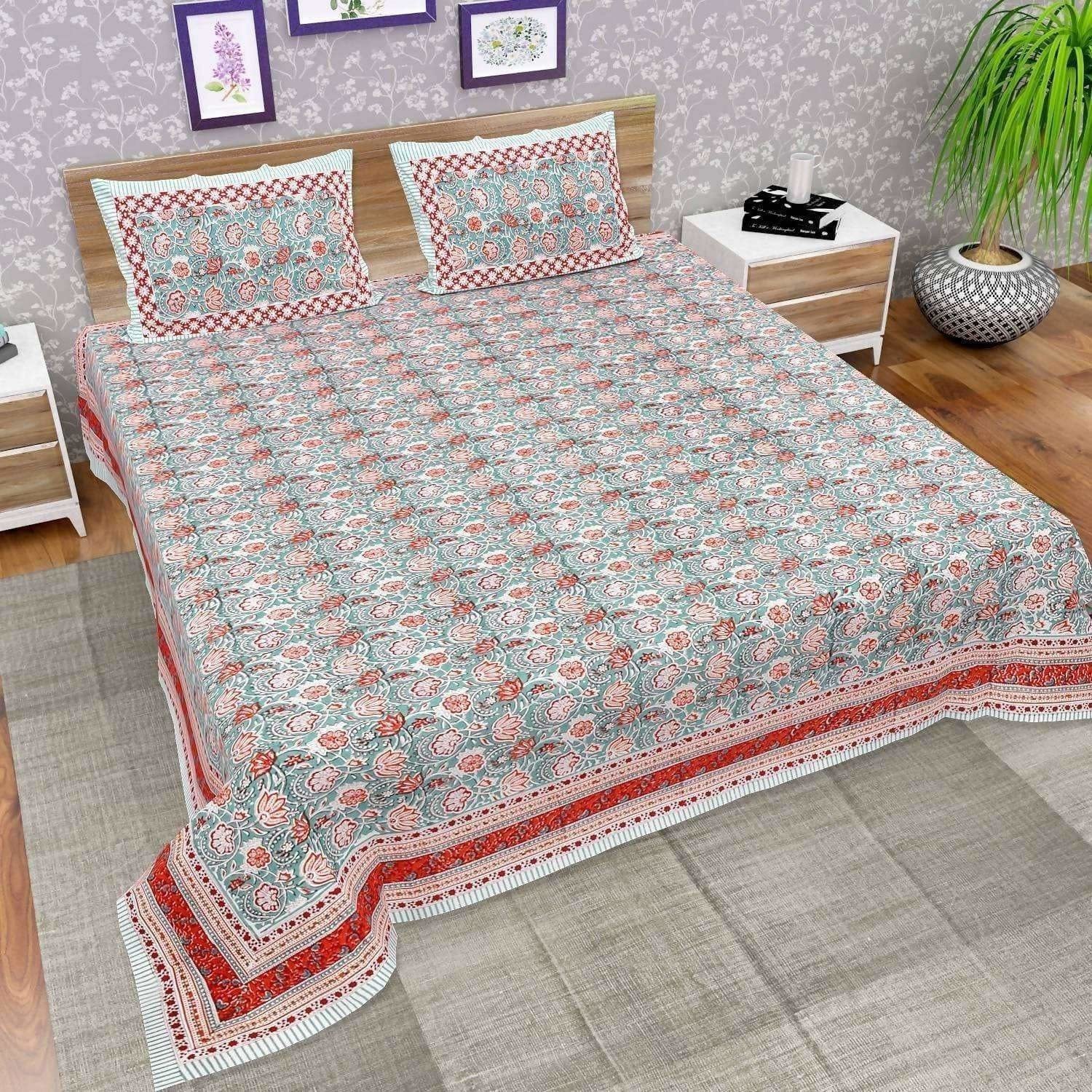 Hand Printed Jaipuri Double/Queen 230x270 Cms Bedsheet with 2 Pillow Covers
