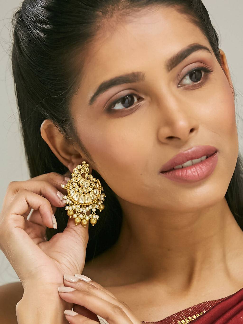 Nuyug 22K Gold-Plated Kundan Stone Studded & Pearl Drop Beaded Crescent Shaped Chandbalis - Distacart