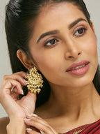 Nuyug 22K Gold-Plated Kundan Stone Studded & Pearl Drop Beaded Crescent Shaped Chandbalis - Distacart