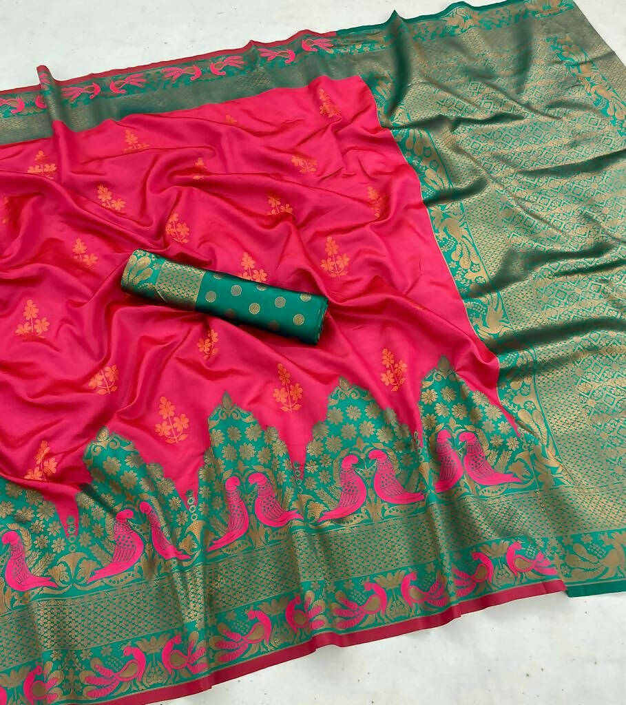 DEIANA'S Beautiful Designer Golden zari Soft Lichi Silk Saree - Red