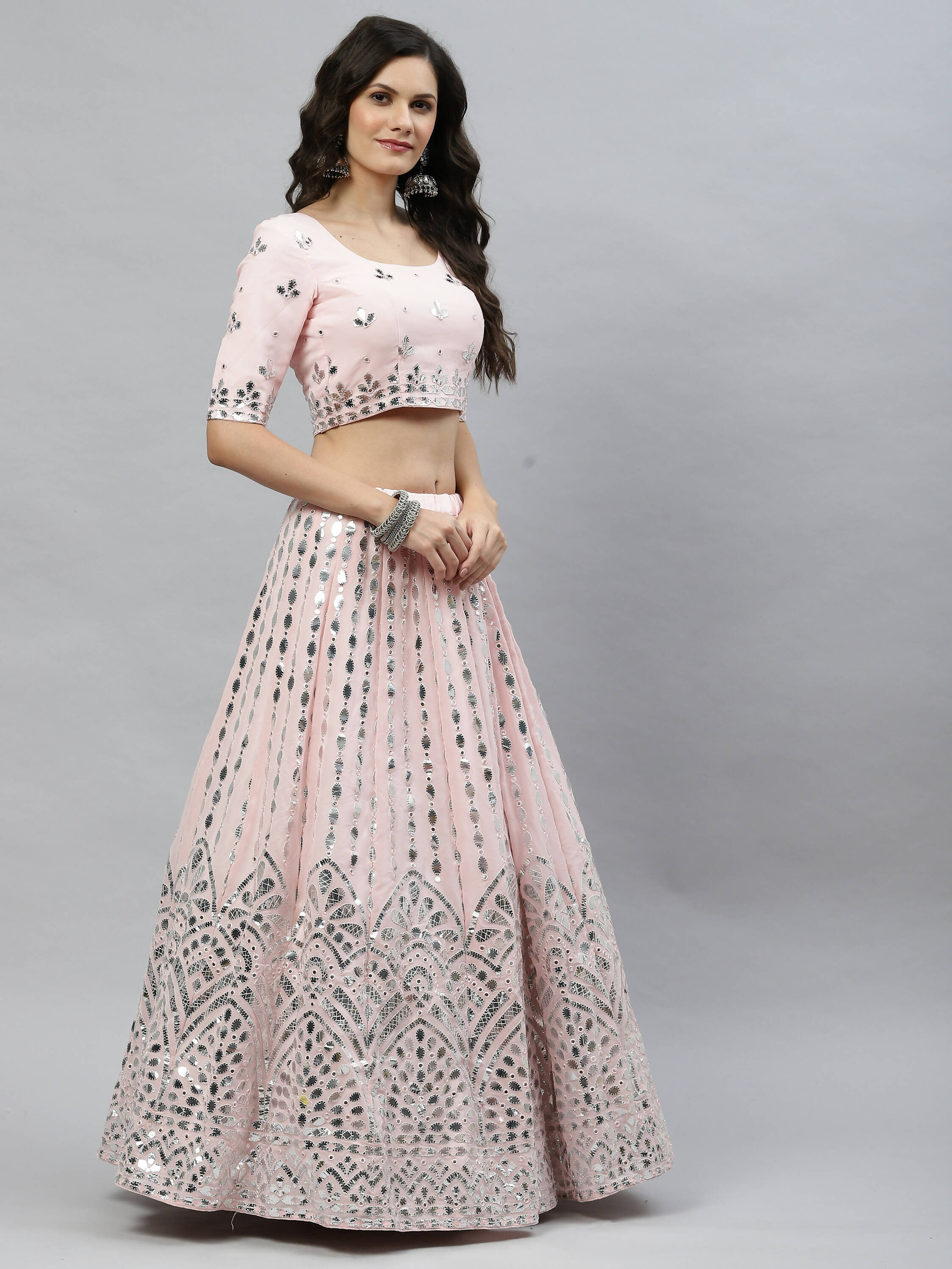 Pink Georgette Paper Mirror Embroidery Work Lehenga Choli with Dupatta - Jivika