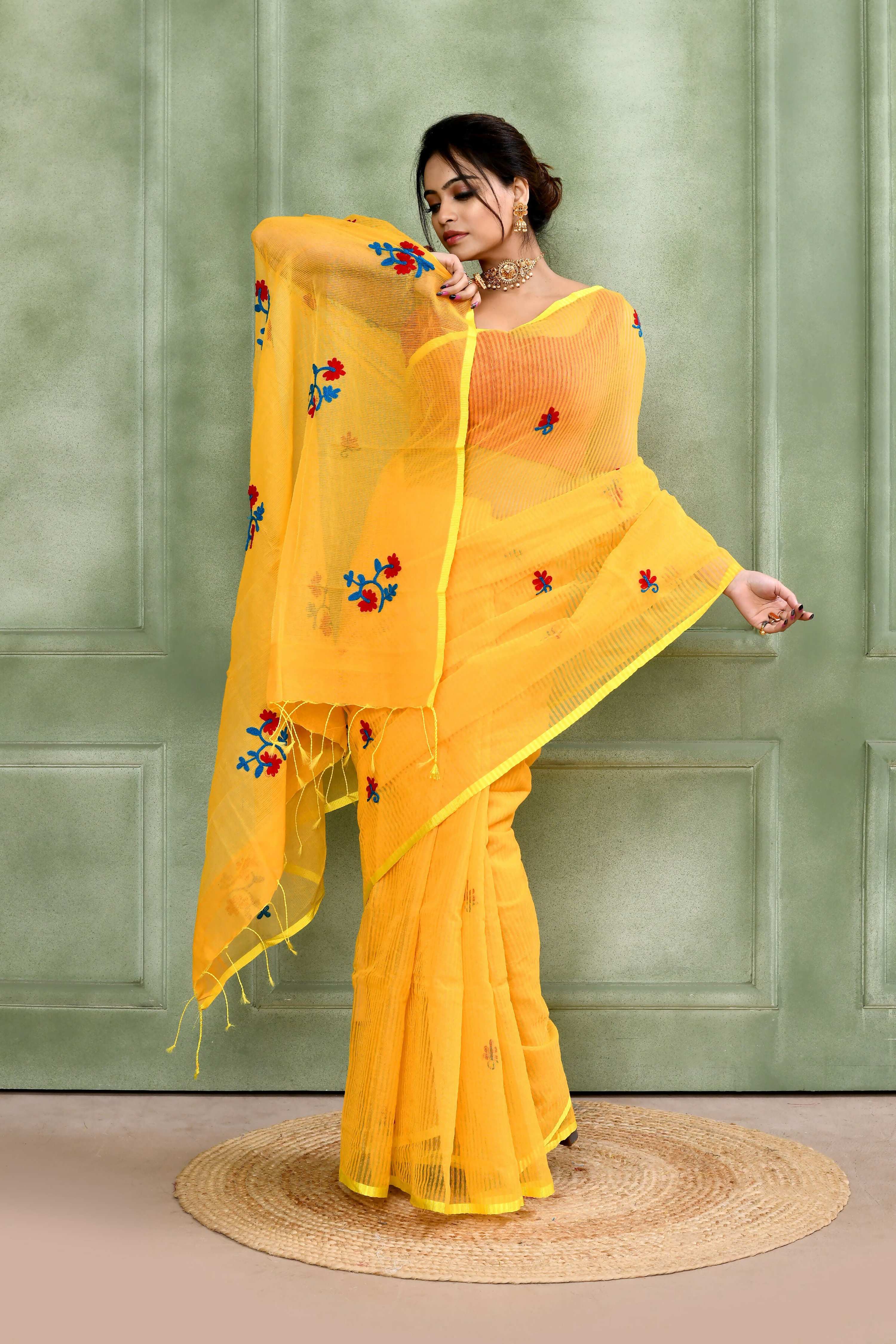 Piyari Fashion Women's Yellow Embellished Cotton Blend Embroidery Saree - Distacart