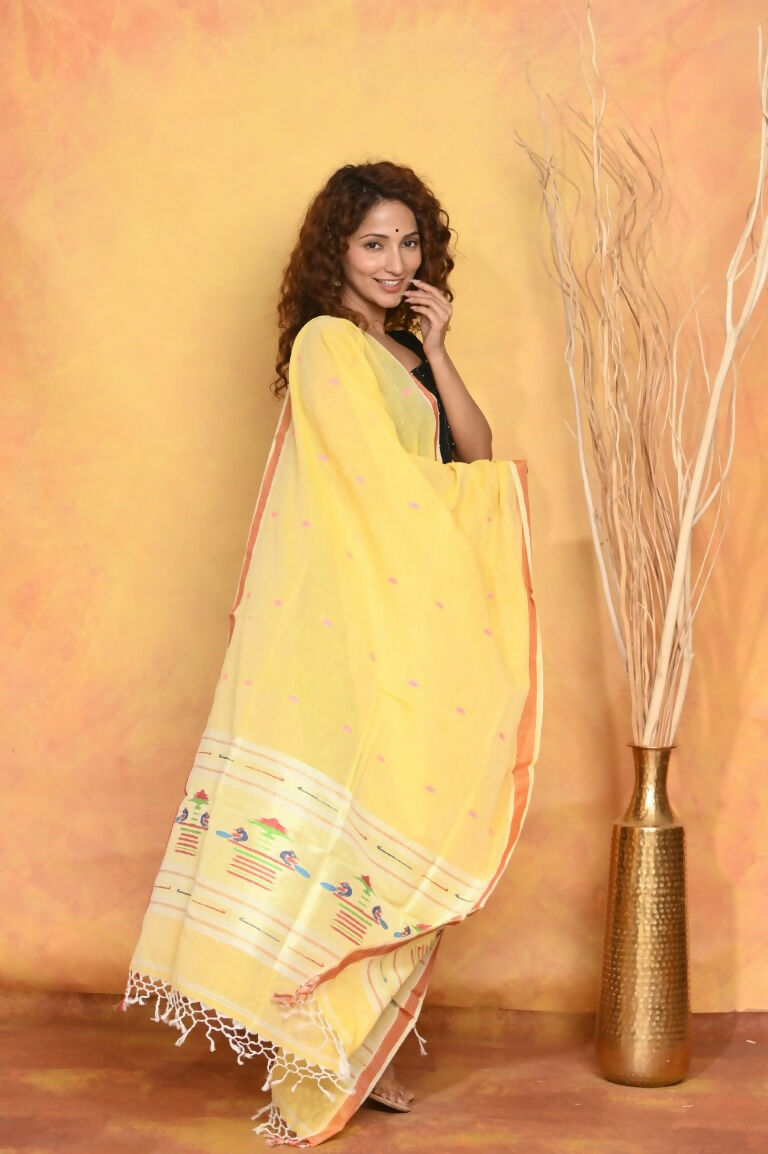 Very Much Indian Handloom Pure Cotton Paithani Dupatta - Yellow