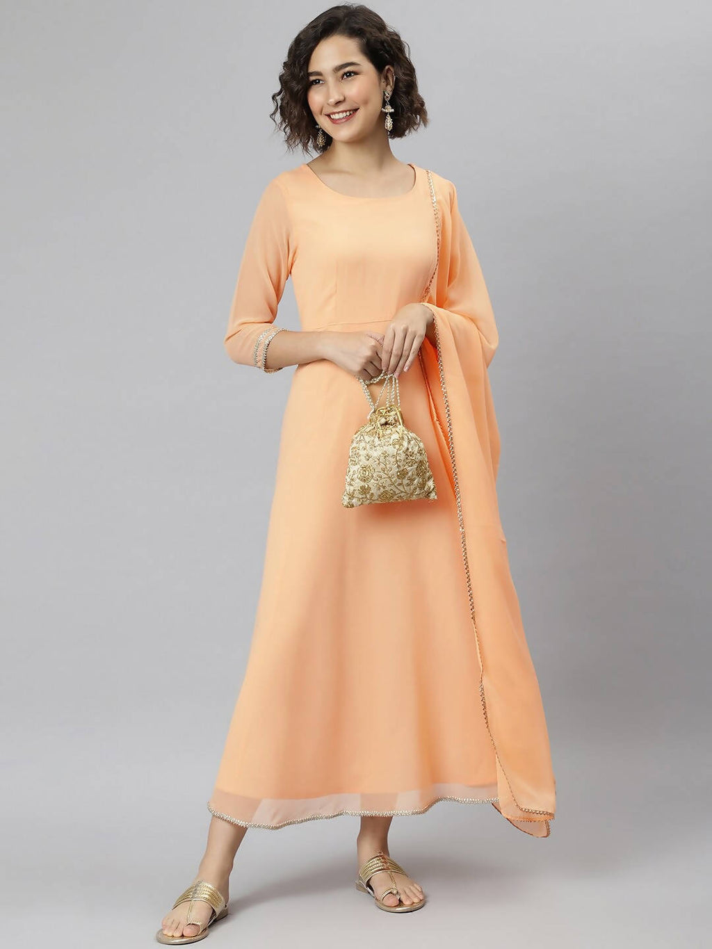 Janasya Peach-Coloured Flared Sleeves Georgette Anarkali Kurta - Distacart