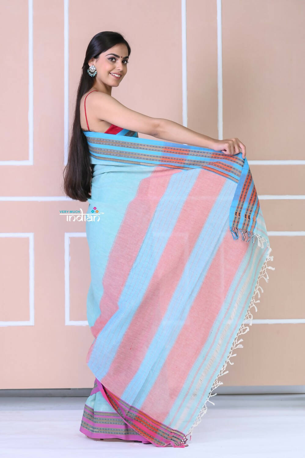 Very Much Indian Traditional Patteda Anchu Ilkal Handloom Saree - Sky Blue - Distacart