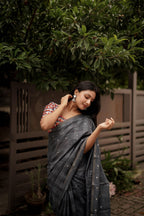 Grey Pure Linen Ethnic Motifs Saree with Unstitched Blouse - A2M - Distacart