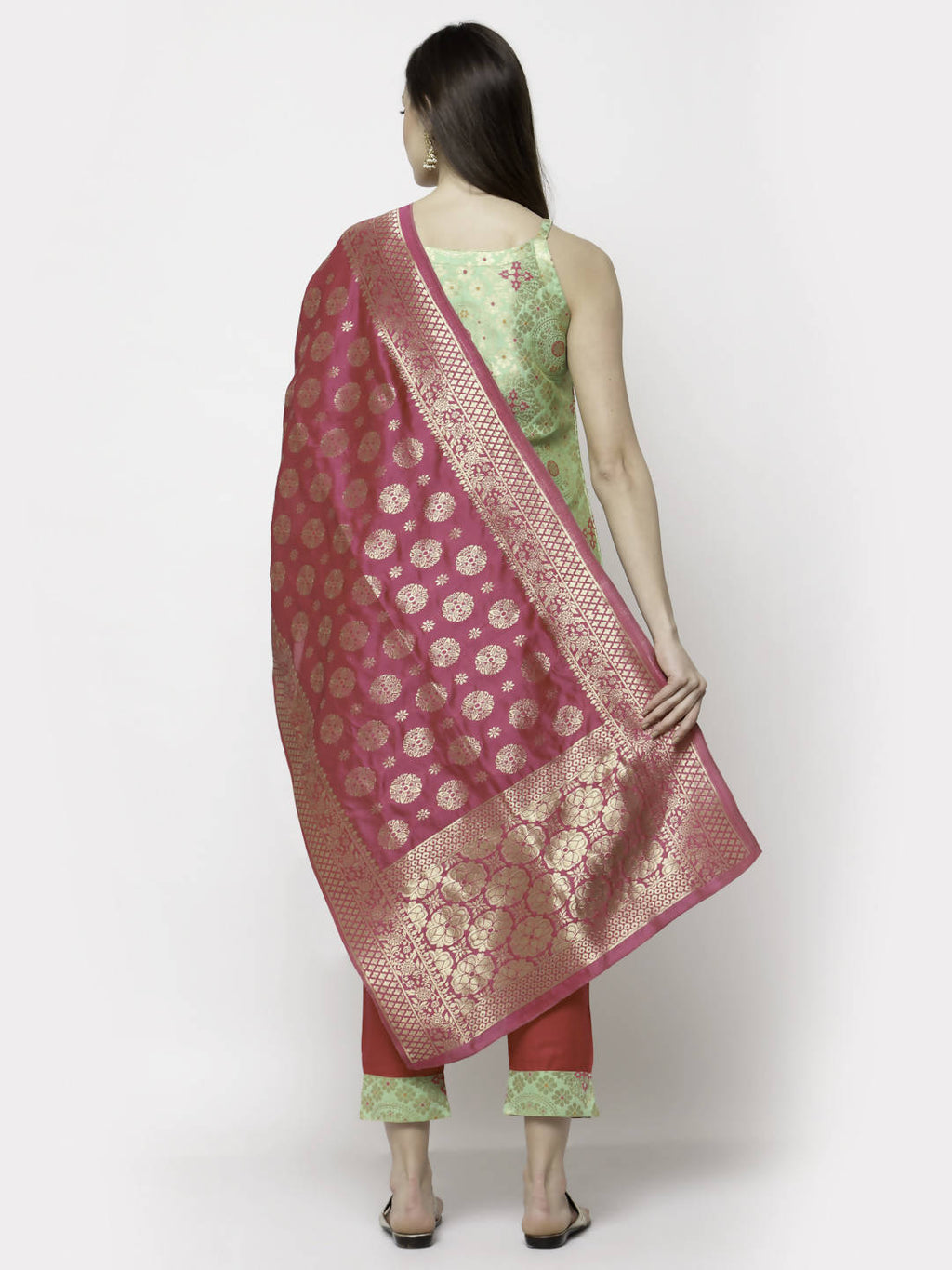 Myshka Green Jacard Printed Sleeveless Round Neck Kurta Pant Dupatta Set