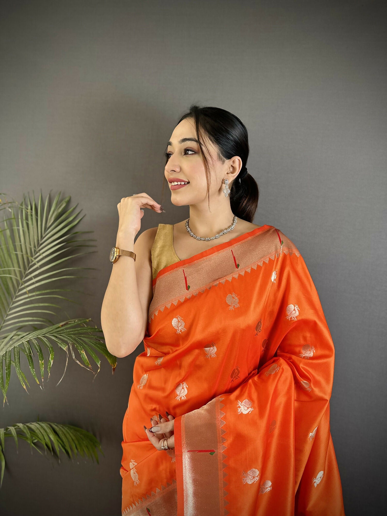 Joban Fashion Orange Peacock & Floral Motifs Soft Silk Kanchipuram Saree - Distacart
