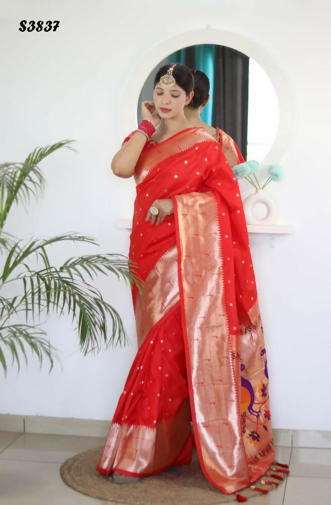Red Woven Jacquard Designer Embroidery Work Party Wear Saree - Parampara