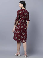 Myshka Women Burgundy Beige Floral Print A-line Dress - Distacart