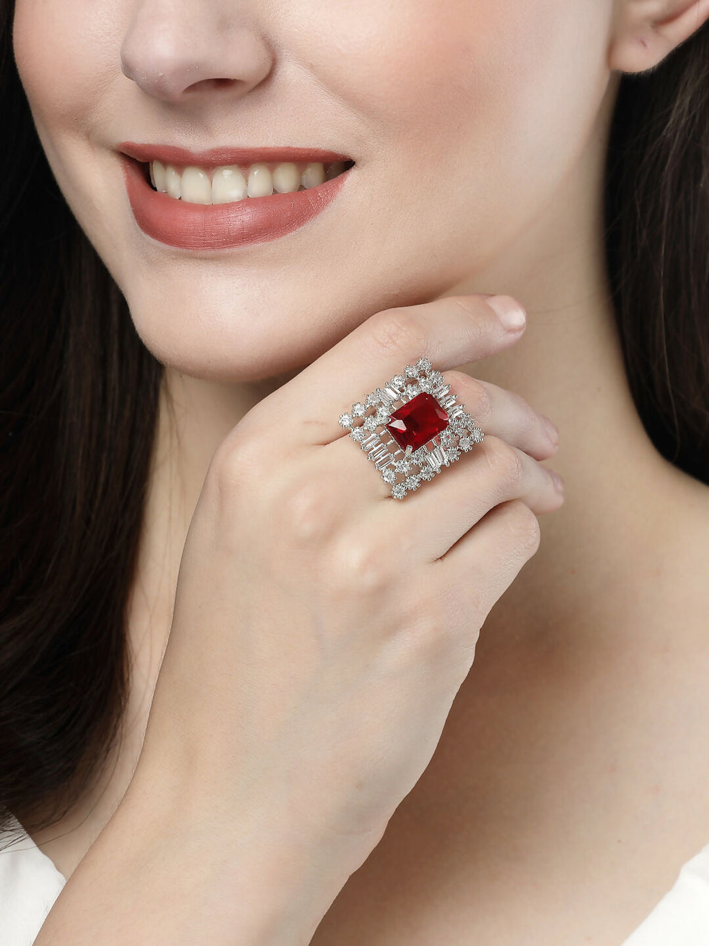 NVR Women's Red & Silver CZ-Studded Square-Shaped Adjustable Finger Ring