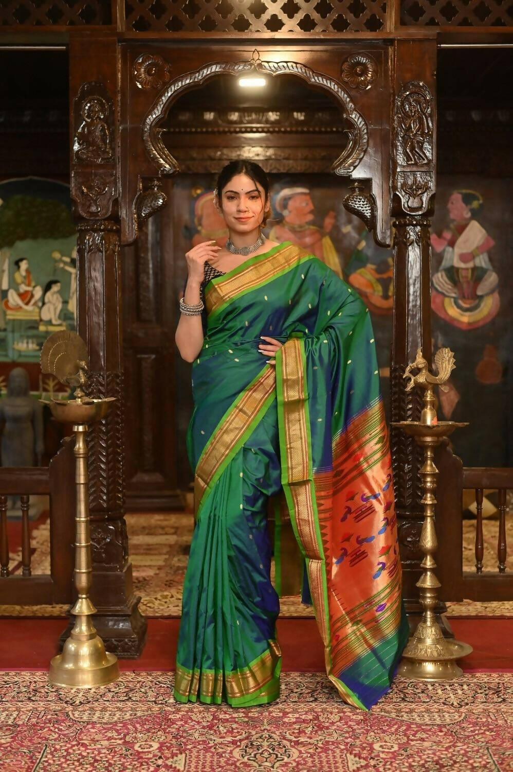 Very Much Indian Pure Silk Paithani - Dual Tone Blue Green - Distacart