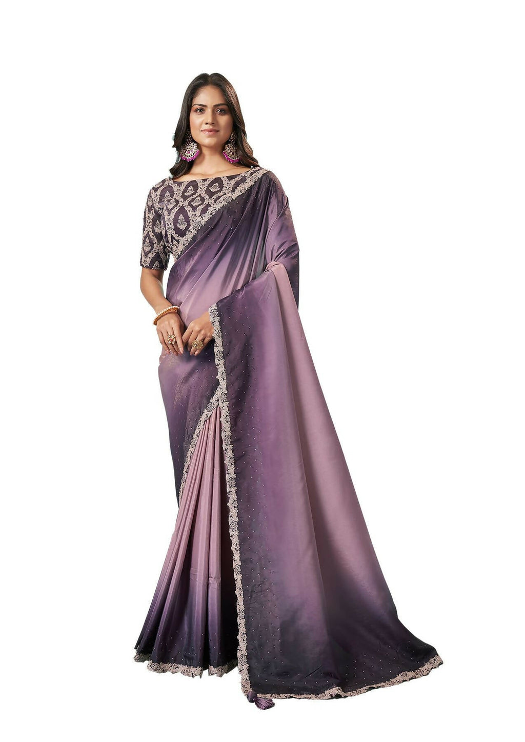 Purple Crepe Silk Solid Saree With Unstitched Blouse Piece - Norita Ikshita